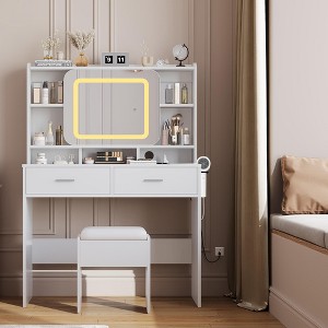 COZONY Vanity Sliding Desk with Mirror & Lights - Makeup Table with Stool, Charging Station, Drawers & Shelves for Bedroom - 1 of 4