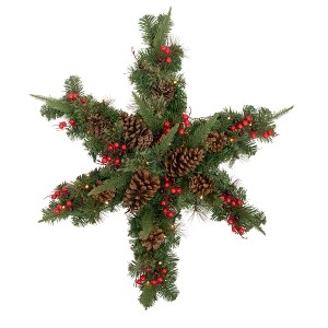 Northlight Pre-Lit Battery Operated Mixed Pine and Berries Christmas Snowflake Wreath - 32" - Warm White LED Lights - 1 of 4