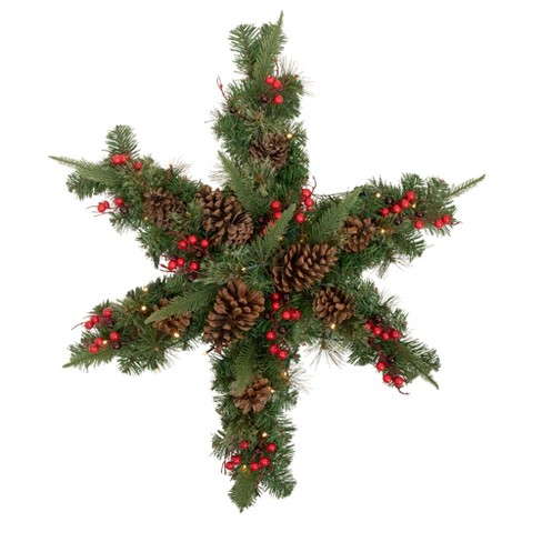 Northlight Pre-Lit Battery Operated Artificial Mixed Pine and Berries  Christmas Snowflake Wreath - 32 - Warm White LED Lights