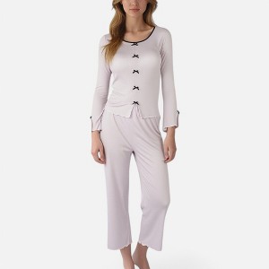 Anna-Kaci Lounge Women's Long Sleeve Pajama Set with Decorative Bows and Soft Wide Leg Pants - 1 of 4
