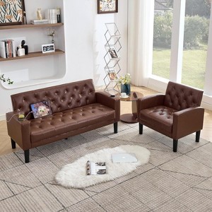 TYBOATLE 62 Loveseat Sofa w/ 2 USB Charger Ports and 2 Cupholders, Modern Tufted Black Leather Couches for Compact Living Room, Office, Bedroom - 1 of 4