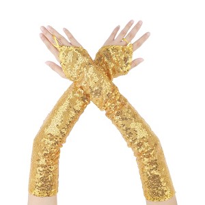 INSPIRE CHIC Women's Long Hook Finger Sequins Fingerless Arm Sleeves Shiny Cosplay Gloves 1Pair - 1 of 4