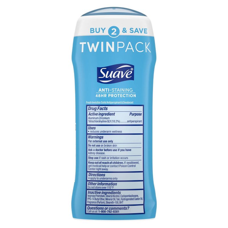 Suave Fresh Anti-Staining 48-Hour Antiperspirant &#38; Deodorant Stick - 2.6oz/2pk, 2 of 9