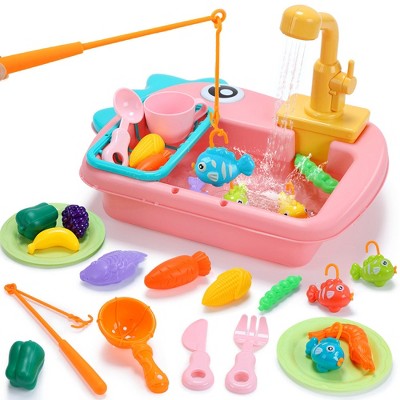 Skirfy Kitchen Play Sink Toys, Dinosaur Electronic Dishwasher Sink with Running Water, Fishing Game Toys and Play Food