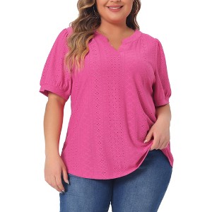 Agnes Orinda Women's Plus Size Summer Eyelet V Neck Short Sleeve Blouse - 1 of 4