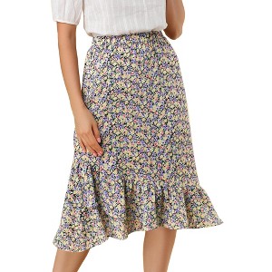 Allegra K Women's Summer Floral Elastic Waist High Low Ruffle Hem Midi Skirts - 1 of 4