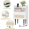 Set of 2 Modern White Bedside Tables with Integrated Charging Station, Rattan Drawers, 2-Tier Storage, and Solid Wood Legs for Bedroom - 4 of 4
