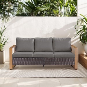 POCASSY 74.8" Outdoor 3-Seater Sofa with Meatl Armrest, Outdoor Furniture Sofa with Faux Wood Square Armrest and High Back for Porch Deck - 1 of 4