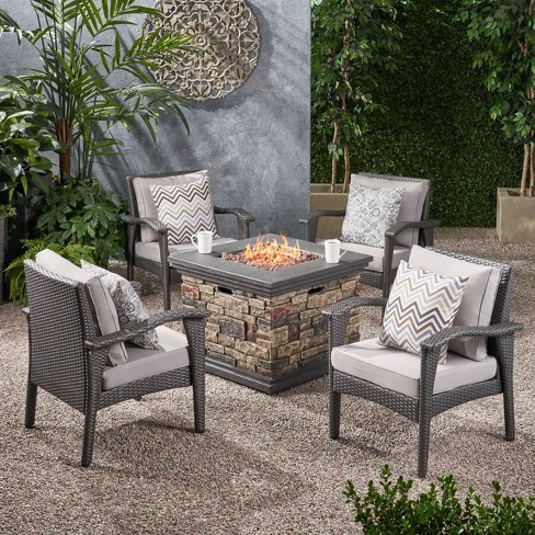 Kaula 5pc Faux Rattan Club Chair Fire Pit Chat Set Gray Light Gray Christopher Knight Home