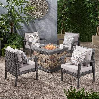 Kaula 5pc Faux Rattan Club Chair & Fire Pit Chat Set - Christopher Knight Home