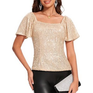Women's Sequin Glitter Blouse Square Neck Short Sleeve Shirt Top - 1 of 4