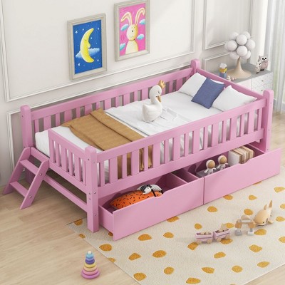 NicBex Twin/Full Modern Bed Frame Sofa Bed with Bedside Fence & Drawers/Trundle,Wooden Daybed Platform Bed for Bedroom,Study,Kids Room