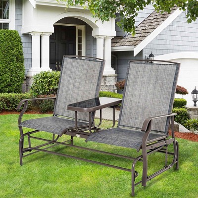 Twin Comfort Outdoor Glider Bench with Center Table, Brown and Gray