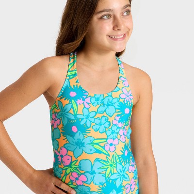 Детские купальники Cat & Jack Girls' Floral One Piece Swimsuit - Cat & Jack™ Orange/Teal/Lime M — фото 3