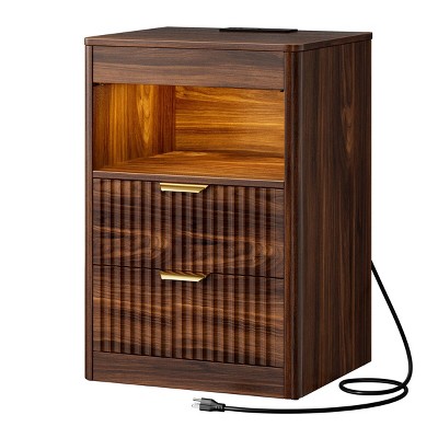 WOWLIVE 2PCS Fluted Nightstand with Charging Station and LED, Wood Farmhouse Bedside End Table with 2 Drawer & Open Shelf for Bedroom