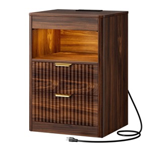 WOWLIVE 2PCS Fluted Nightstand with Charging Station and LED, Wood Farmhouse Bedside End Table with 2 Drawer & Open Shelf for Bedroom - 1 of 1