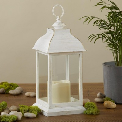 Distressed White LED Lantern with Built-In Candle