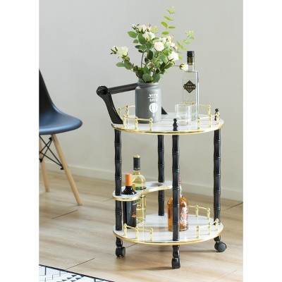 Black and Gold Round Wood Bar Cart with Wine Rack