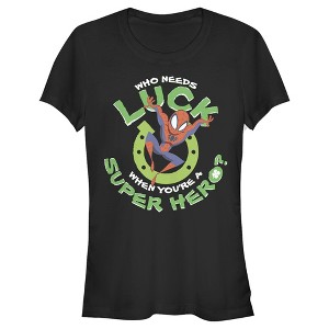 Juniors Womens Marvel St. Patrick's Day Spider-Man Who Needs Luck T-Shirt - 1 of 4