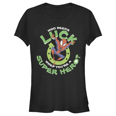 Juniors Womens Marvel St. Patrick's Day Spider-Man Who Needs Luck T-Shirt - image 1 of 4