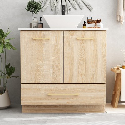 FUFU&GAGA Bathroom Cabinet with Pedestal Basin Stylish Storage Solution Original Wood Colour