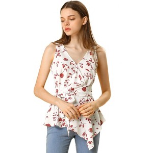 Allegra K Women's Sleeveless V Neck Tie Waist Asymmetric Hem Wrap Peplump Tops - 1 of 4