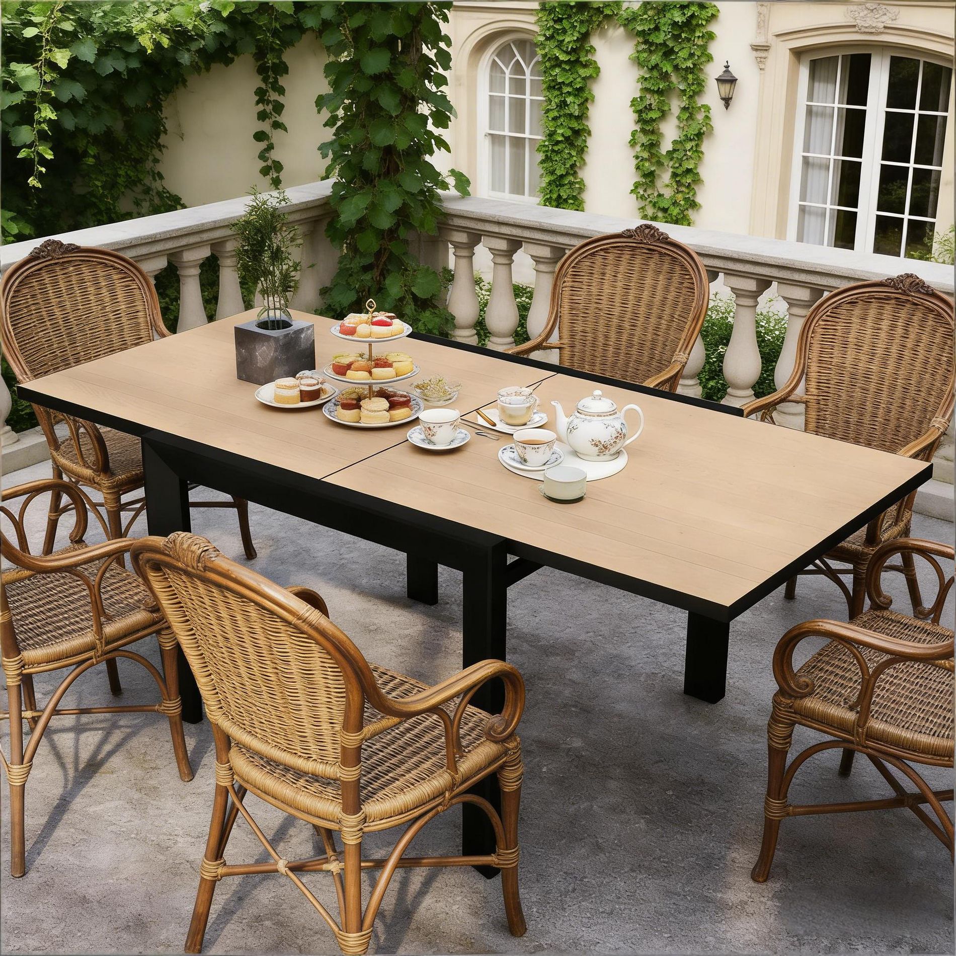 GDFStudio Hiba Modern Aluminum Rectangular Outdoor Expandable Dining Table with Slatted Design (Only Table), Black/Natural