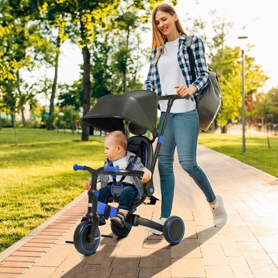 Vynxaria 3-in-1 Toddler Trike, Push Tricycle, & Balance Bike with Adjustable Settings, Toddler Push Bike, Baby Bike with Shady Canopy, Ages 1.5-4,Blue