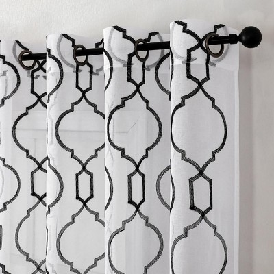 Black Sheer Embroidered Trellis Grommet Top Curtain Panel