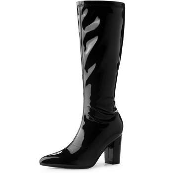 Perphy Women's Patent Leather Chunky Heels Knee High Go Go Boots