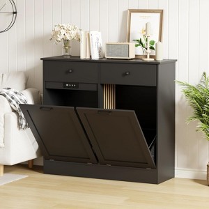 Double Tilt Out Trash Can Cabinet with Deodorising Function, 20 Gallons Freestanding Dog-Proof Garbage Can Cabinet with Hidden Drawers - 1 of 4