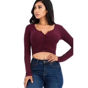 Slickblue Women's Ribbed Long Sleeve Crop Top, Snap Button Front Fitted Tee, 8 Color Options, Size S-L - 1 of 4