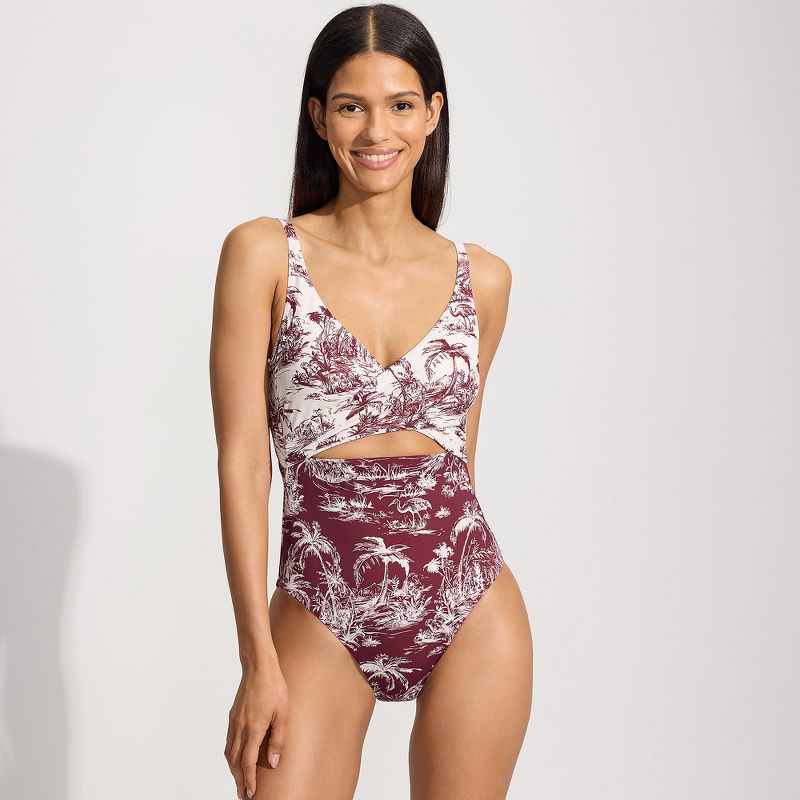 Lands' End Women's Long Wrap Monokini High Leg One Piece Swimsuit - 10 - Egret/Burgundy Scenic Mix