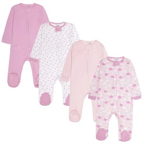 Everyday Kids 4-Pack Baby Girl Sleepers with Zippers – Soft Cotton Footed Pajamas in Pink Solids, Hearts, Moons, and Stars - 1 of 4