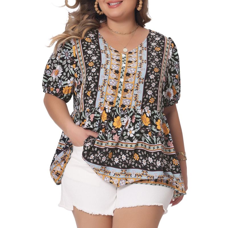 Agnes Orinda Women's Plus Size Boho Floral Print V Neck Short Sleeve Summer Shirts Peplum Blouses, 2 of 6