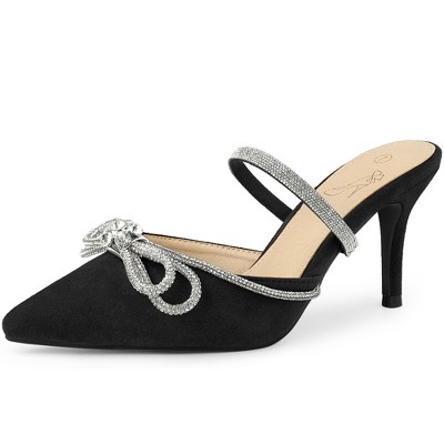 Perphy Women's Pointed Toe Solid Color Slip on Rhinestones Bow Stiletto Heel Mules