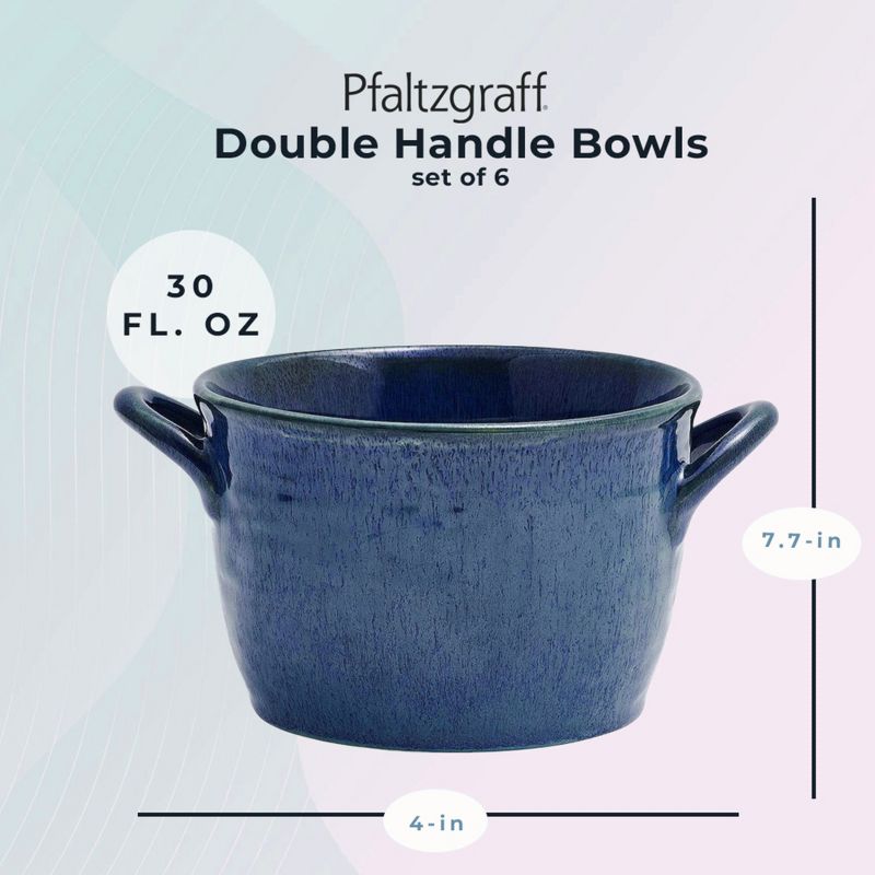 Pfaltzgraff Double Handle Bowls, Set of 6, Reactive Glazed Stoneware, 30 oz. Soup Crocks for Cereal, Beef Stew, or Pasta, Dishwasher/Microwave Safe, 4 of 8
