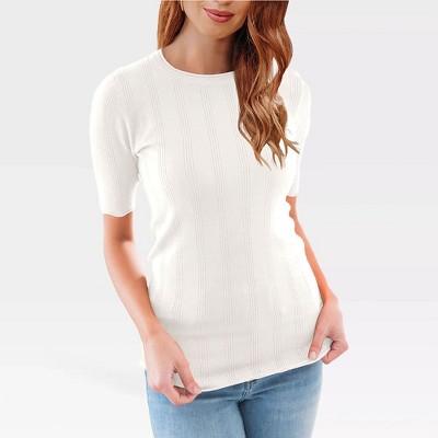 Womens Slim Fit Knit Short Sleeve Tops with Round Neck Sweater Style