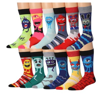 JAMES FIALLO Mens 12 Pairs Playful Funny Monster Crazy Colorful Patterned Dress Socks for Men