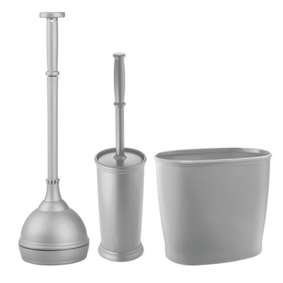 mDesign 3 Piece Plastic Bathroom Plunger, Bowl Brush, Trash Can Set -  Gray