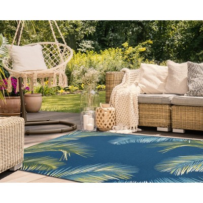 Navy Palm Border Flat Woven Synthetic Indoor/Outdoor Rug