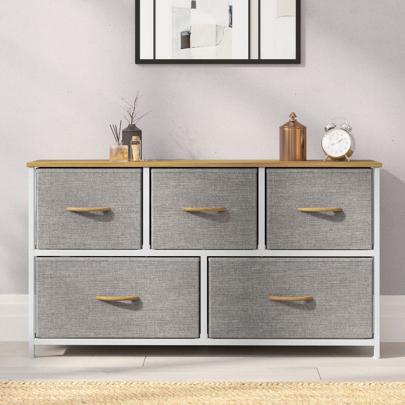 Emma and Oliver 5 Drawer Storage Dresser with Cast Iron Frame, Wood Top and Easy Pull Fabric Drawers with Wooden Handles, 4 of 12