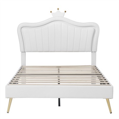 Bellemave Crown Headboard Full Size Princess Bed Upholstered Full Bed Frame with LED Lights Adjusted Headboard，for Girls,White