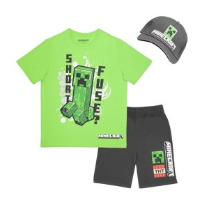 Minecraft Big Boys 3 Piece T-Shirt, Shorts and Baseball Hat Outfit Set - Green, 5-6 - 1 of 4