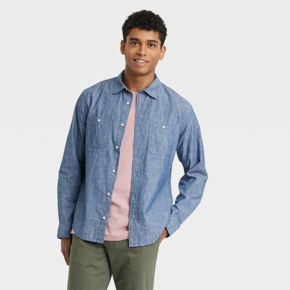 Men's Long Sleeve Denim Button-Down Shirt - Goodfellow & Co™ Medium Wash S: Standard Fit, Chambray, Front Pocket