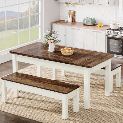 Okak Farmhouse 3-Piece Rectangular Dining Table with Tuck-Under Benches,Minimalist Kitchen Dinner Table for Dining Room,Family Meals