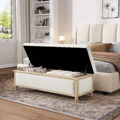 CAVINAS French Rustic Storage Ottoman Bench, Upholstered Ottoman Foot Rest, Rectangular Bedroom End Bench with Weathered Wood Frame