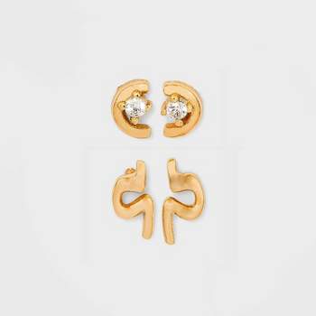 14K Gold Plated Cubic Zirconia Geometric Duo Stud Earring Set 2pc - A New Day™