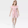 Girls Romper Flounce Squar Neck Belted Jumpsuit with Lace Trim Elastic Adjustbale Neckline Romper - 3 of 4