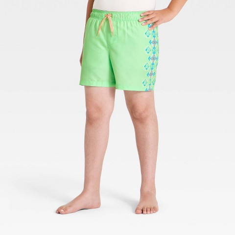 Art Class Boys' Tropical Geos Side Piecing Swim Trunks with Built in Boxers - Art Class™ Green L